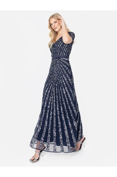 Maya Navy Short Sleeve Stripe Embellished Maxi Dress