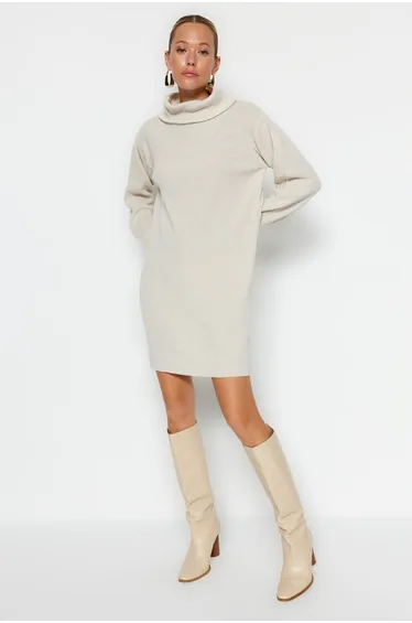 Beige Column Mini Jumper Dress with Long Sleeve