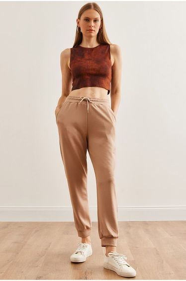 Women's Beige Elastic Waist Modal Touch Jogging Sweatpants