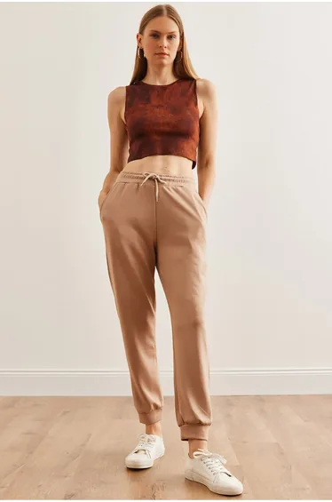 Women's Beige Elastic Waist Modal Touch Jogging Sweatpants