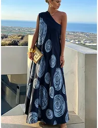 A-Line Loose Contrast Color Pleated Printed Split-Joint One-Shoulder Maxi Dresses - 3