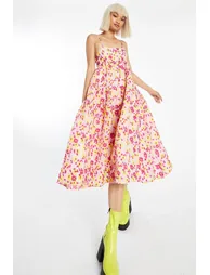 Pink-Yellow Organza Empire-Line Tie-Back Loose-Fit Smock Midi-Dress - 1