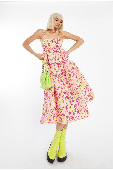 Pink-Yellow Organza Empire-Line Tie-Back Loose-Fit Smock Midi-Dress