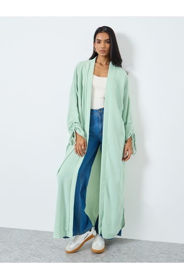 Solid Ruching Sleeve Front Open Kimono