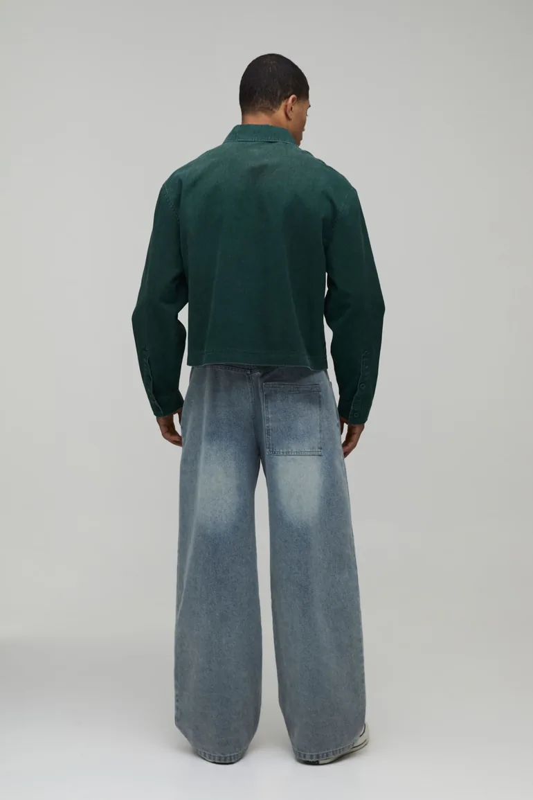 Oversized Crop Sun Bleached Cargo Pocket Patch Shirt - forest - 1