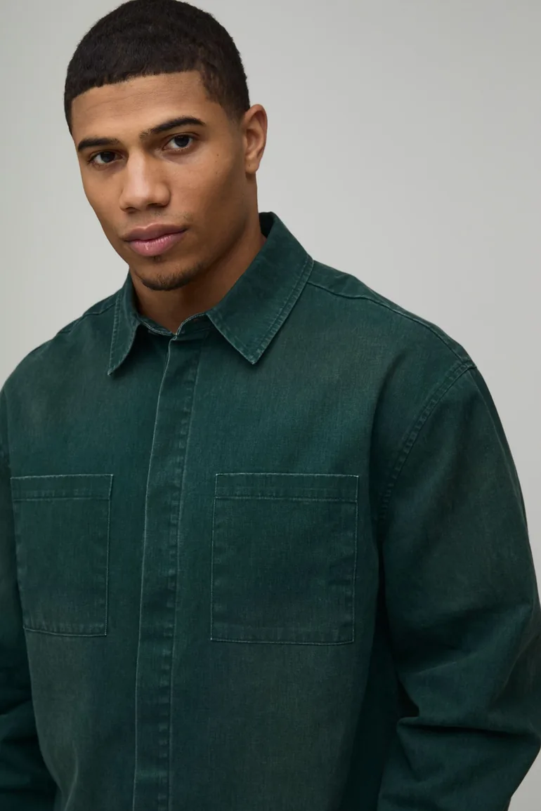 Oversized Crop Sun Bleached Cargo Pocket Patch Shirt - forest - 2