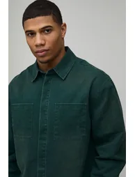 Oversized Crop Sun Bleached Cargo Pocket Patch Shirt - forest - 2
