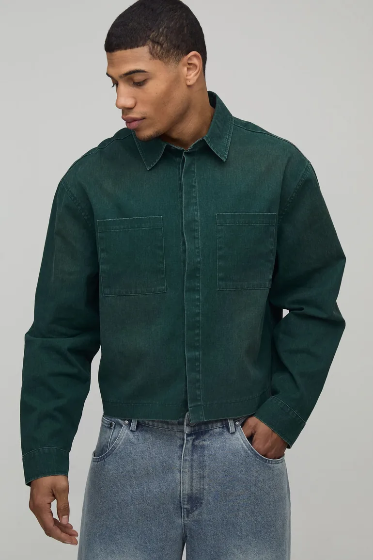 Oversized Crop Sun Bleached Cargo Pocket Patch Shirt - forest