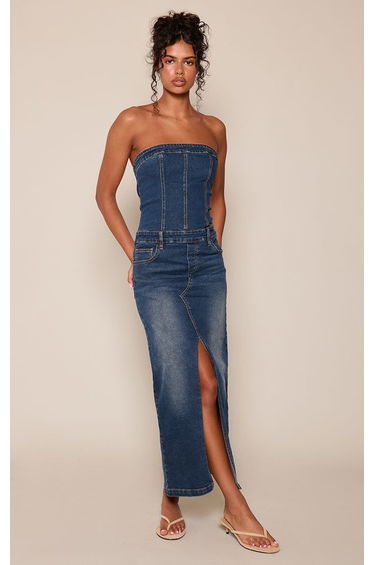 Dark Blue Vintage Stretch Denim Bustier Detail Maxi Dress