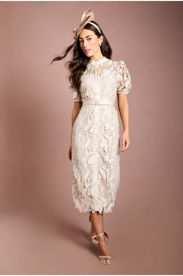 Satin Lace Puff Sleeve Midi Dress