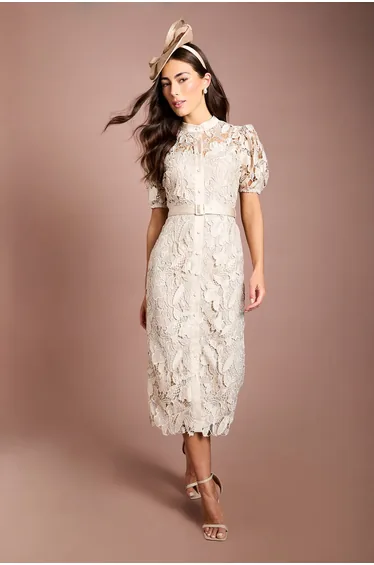 Satin Lace Puff Sleeve Midi Dress