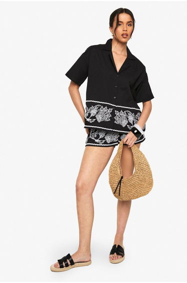 Embroidered Trim Cotton Poplin Shorts