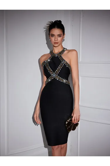 Ochre Halterneck Rhinestone Bandage  Dress