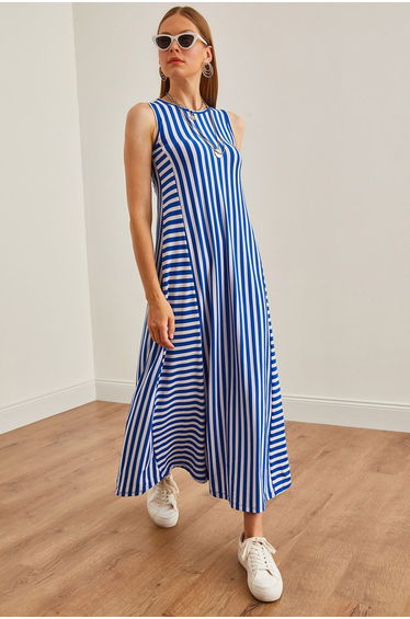 Women's Saks Blue Striped Long Casual Dress