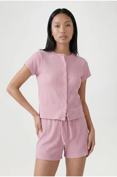 Crinkle Rib Button Through Cap Sleeve Top and Shorts Set - pink