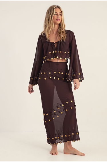 Sheer Coin Trim Maxi Beach Skirt