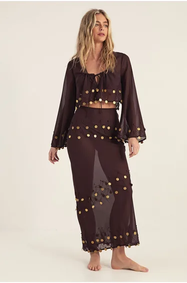 Sheer Coin Trim Maxi Beach Skirt