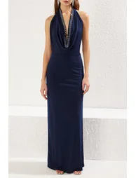 Navy Blue Cowl Neck Shiny Stone Detailed Knitted Elegant Evening Dress - 2