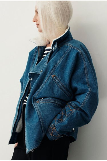 Short Biker Style Jacket in Washed Denim
