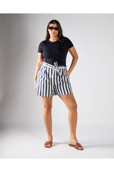 Glamorous Curve Navy White Stripe Belted Shorts