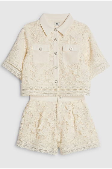 Girls Cream Lace Blouse And Shorts Set