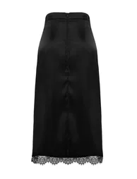 Black Satin Skirt with Lace Detail Midi Woven Skirt - 1