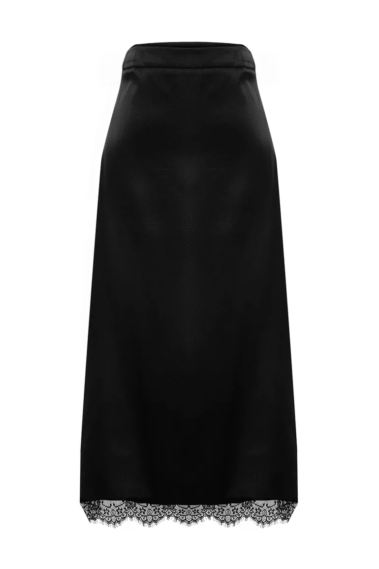Black Satin Skirt with Lace Detail Midi Woven Skirt