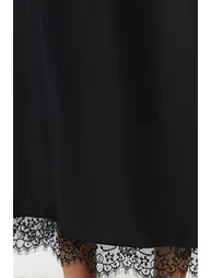 Black Satin Skirt with Lace Detail Midi Woven Skirt - 5