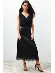 Black Satin Skirt with Lace Detail Midi Woven Skirt - 4