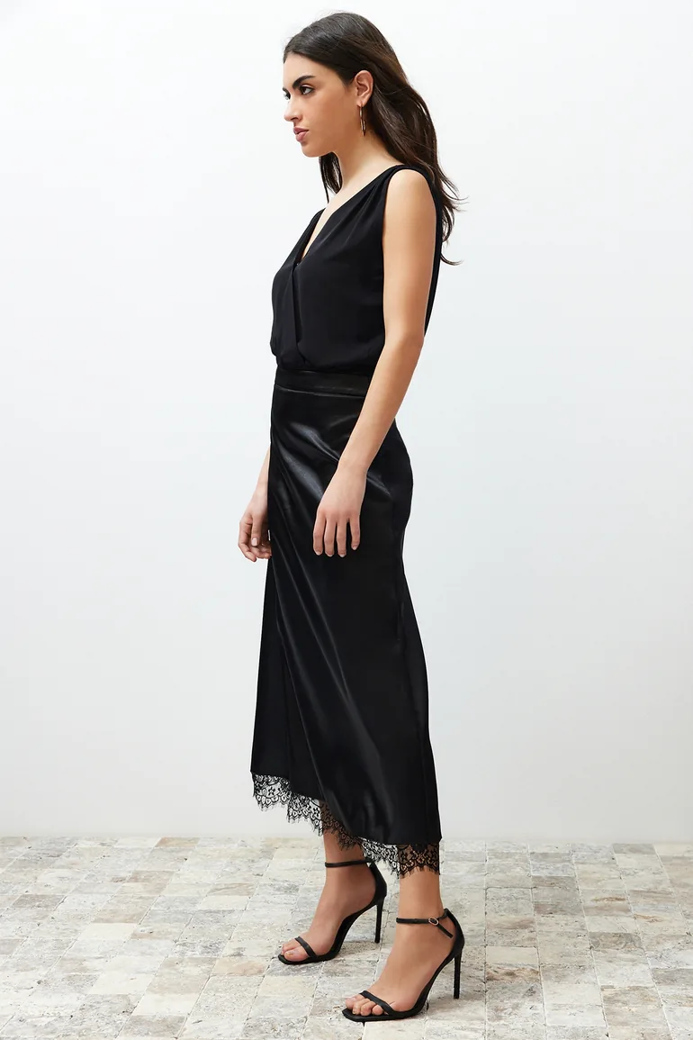 Black Satin Skirt with Lace Detail Midi Woven Skirt - 6