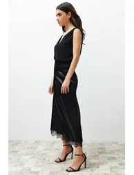 Black Satin Skirt with Lace Detail Midi Woven Skirt - 6