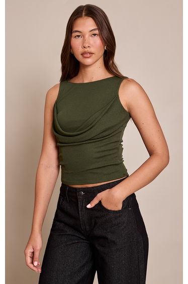 Dark Khaki Burnout Mesh Drape Detail Long Top