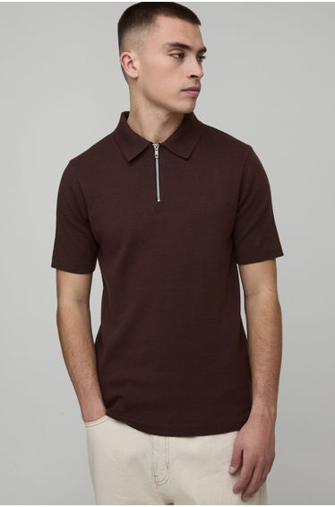 Muscle Fit Soft Touch 1/4 Zip Knitted Polo - chocolate