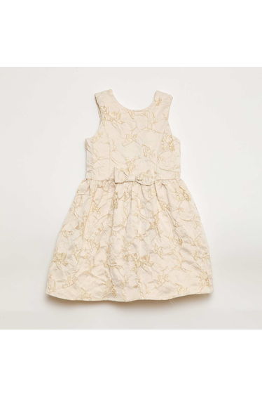 Sleeveless Jacquard Dress with Large Bow BEIGE