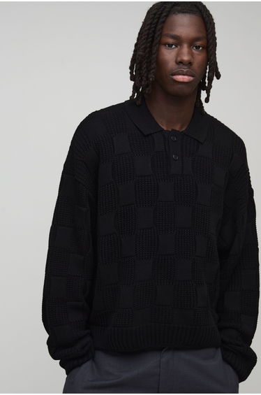 Oversized Rib Mixed Cable Knitted Polo - black