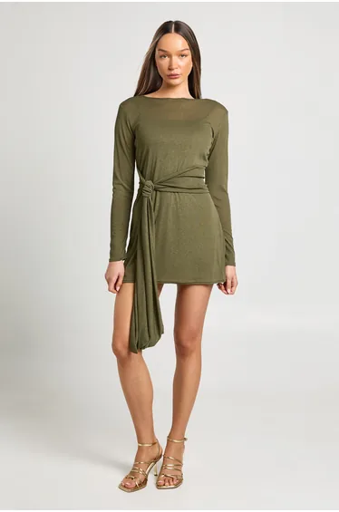 Textured Mesh Tie Waist Flare Sleeve Dress - khaki