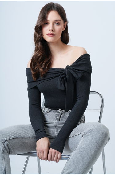 Women's Anthracite Carmen Collar Bow Tie Knitted Blouse