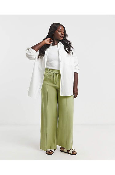 Tie Waist Twill Wide Leg Trousers