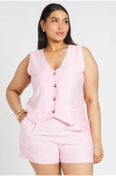 Plus Linen Waistcoat and Short Co-ord Set - baby pink