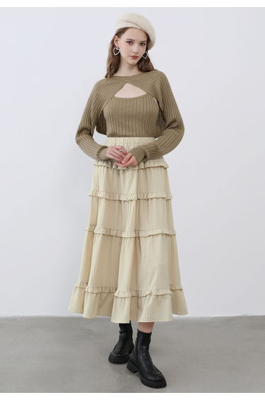 Solid Ribbed Knit Twinset Top in Khaki