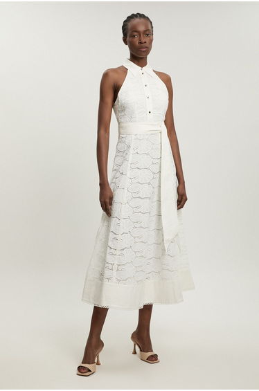Cutwork Cotton Halterneck Tie Detail Woven Midi Dress