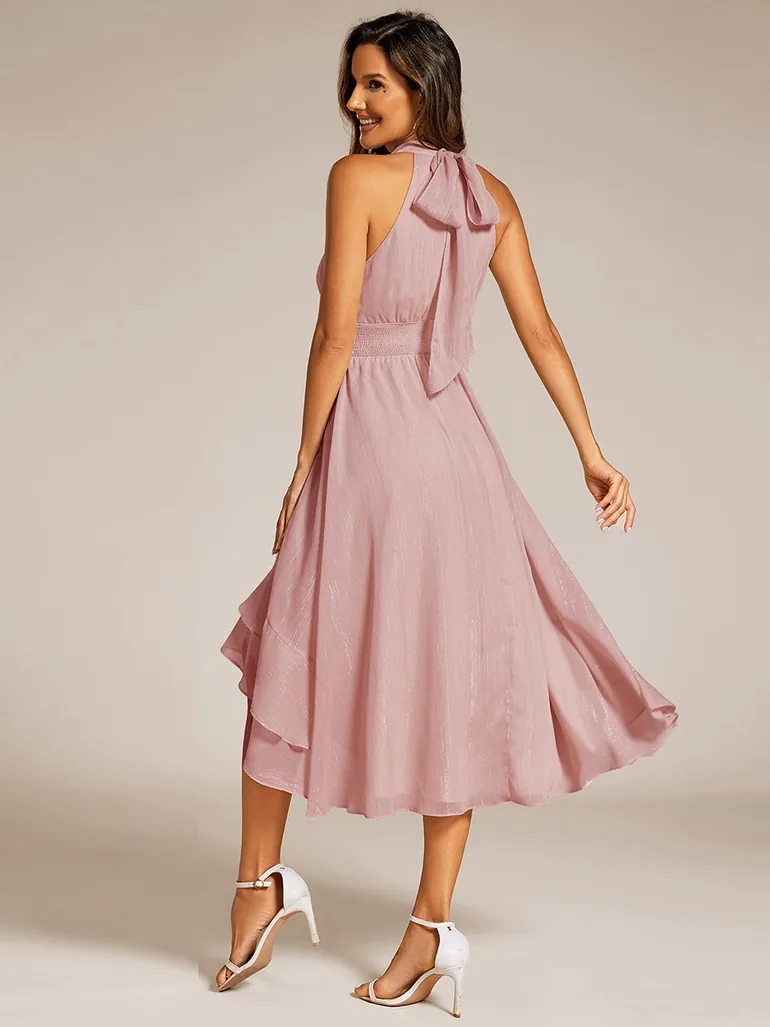 ever ZOYA|Sparkly High-Low Ruffle Halter Neck Wedding Guest Dress with Pleating - 1