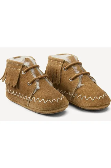 Kids Warm Leather Slippers with Fringed Trim