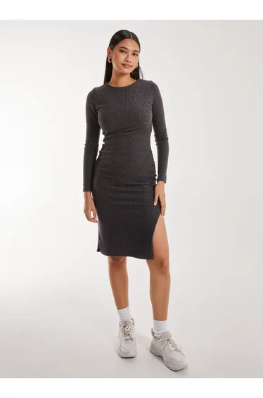 Soft Brushed Rib Long Sleeve Midi Dress