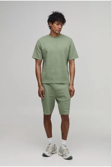 Regular Fit Waffle T-Shirt & Shorts Set - khaki