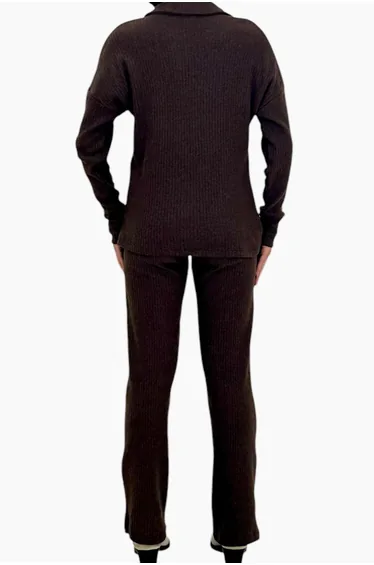 Women's Brown Polo Neck Top and Palazzo Pants Knitwear Bottom Top Set