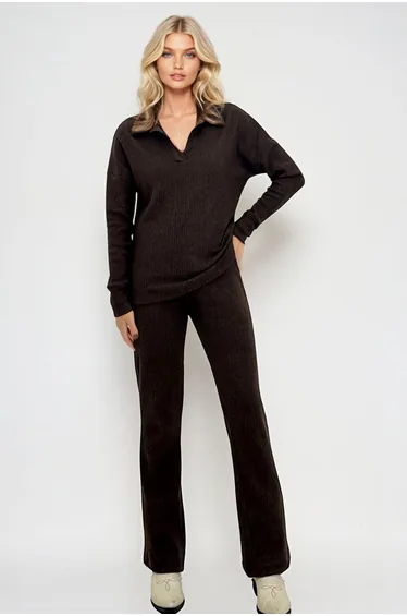 Women's Brown Polo Neck Top and Palazzo Pants Knitwear Bottom Top Set