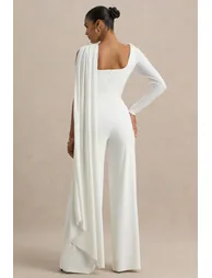 Graces | White High-Neck Jumpsuit With Cape Sleeve - 1