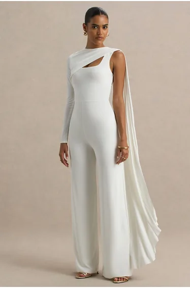 Graces | White High-Neck Jumpsuit With Cape Sleeve