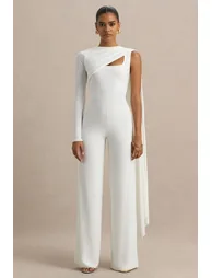 Graces | White High-Neck Jumpsuit With Cape Sleeve